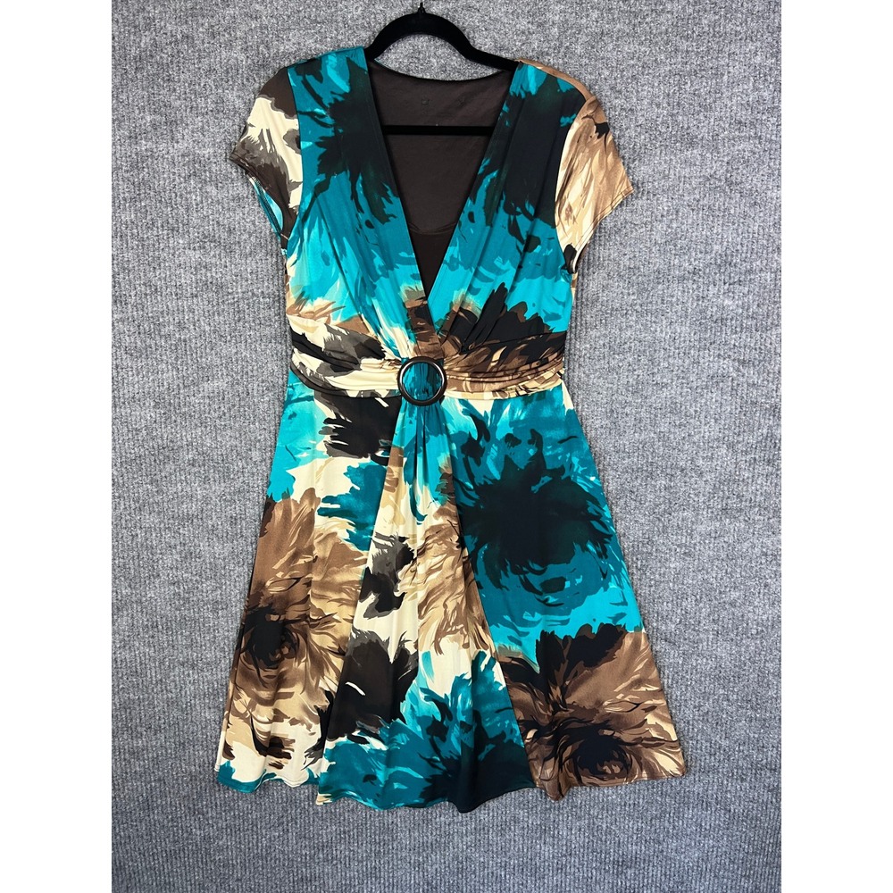 Y2K Boho Tropical Floral Ring Waist Dress Teal Brown Size 12